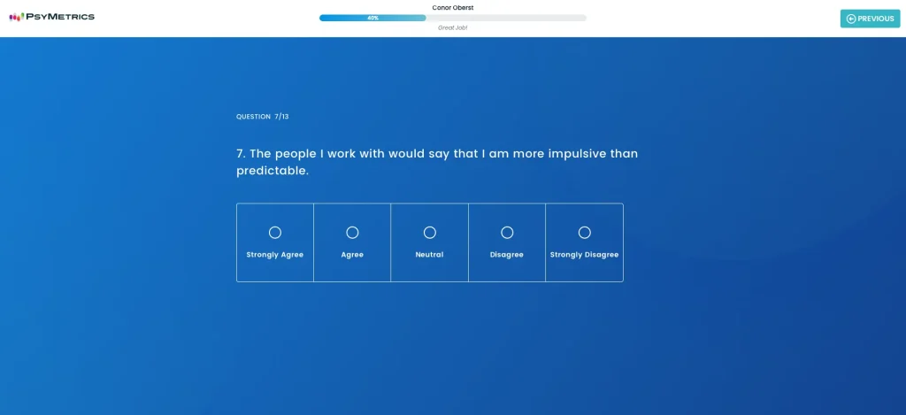 example of OCEAN or big 5 personality test questions